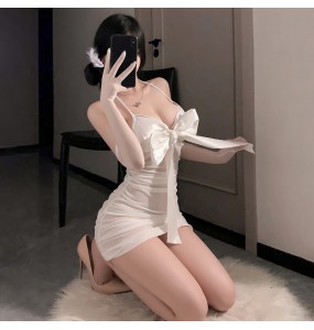 FEE ET MOI - Bow-Decorated Ruched Sheer Nightdress (White)